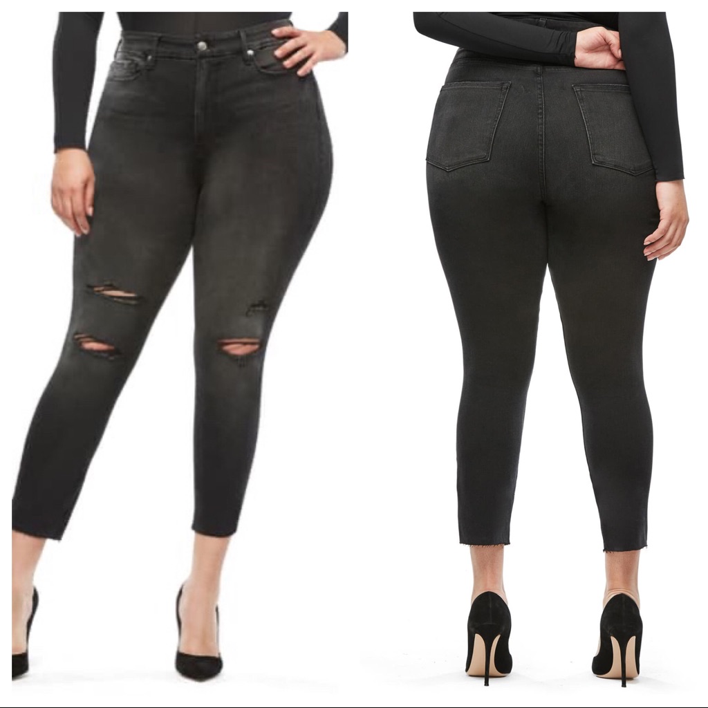 Good American High Rise Distressed Skinny Jeans In Charcoal Black